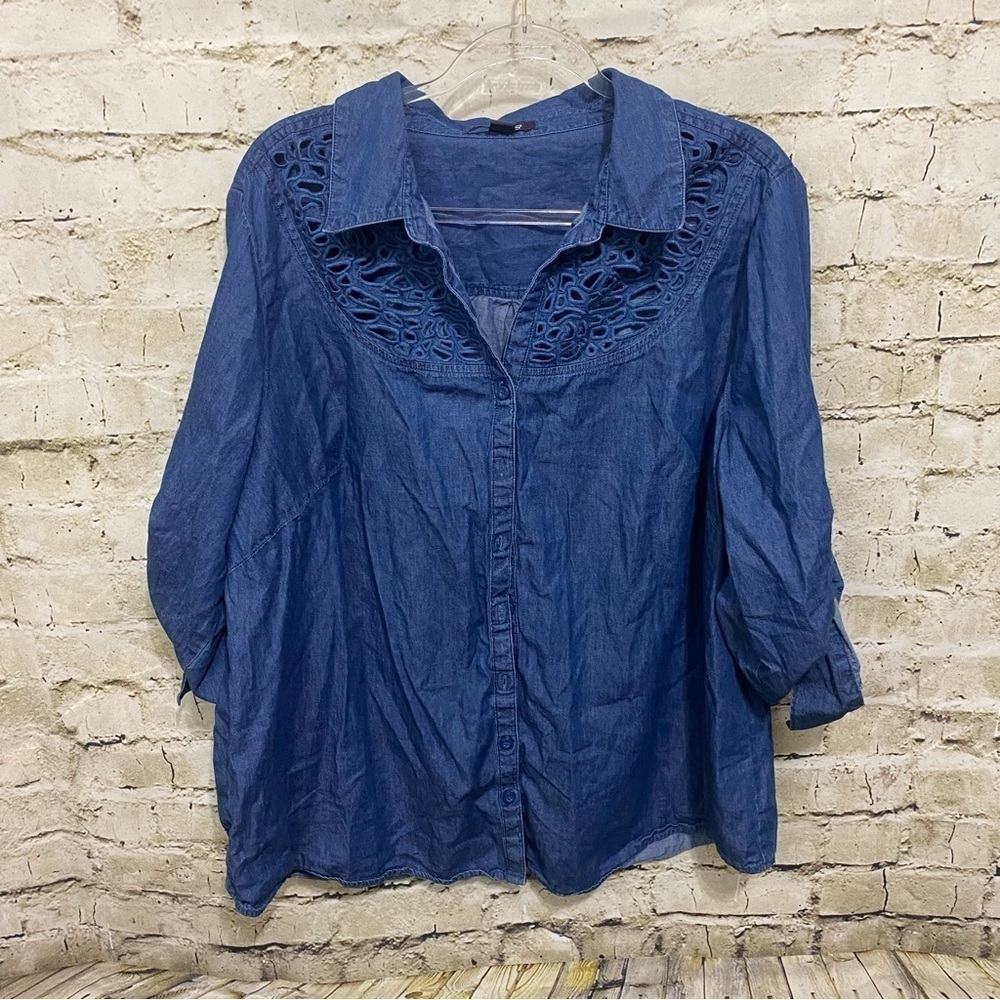 Roamans Blue Denim Look Cotton Floral Cut Out V Neck Button Up